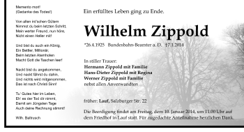 Traueranzeige von Wilhelm Zippold von Pegnitz-Zeitung